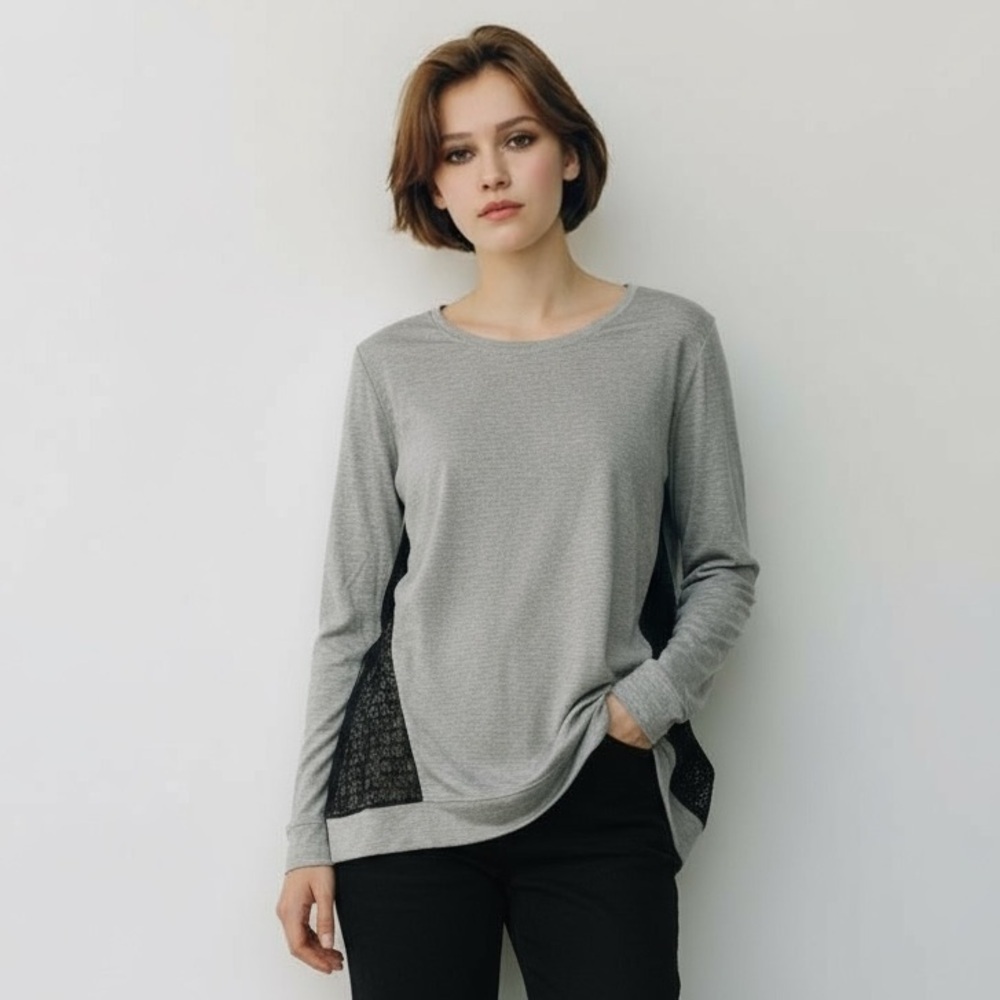 KENSIE L Gray Knit Top Black Lace Detail Sides R $79